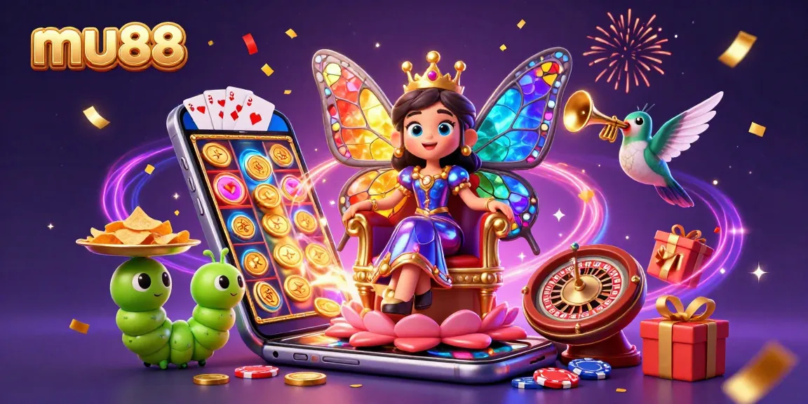 mu88 online casino illustration featuring a butterfly queen, chips, and vibrant game elements.