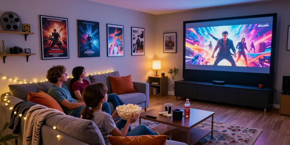 Family enjoying a movie night on Movies4u with popcorn and cozy atmosphere