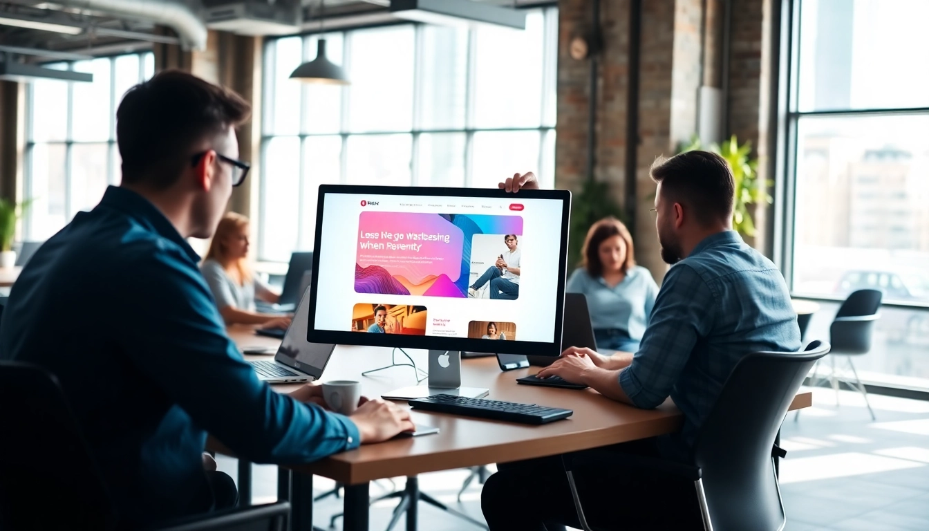Team collaborating on innovative website design in a bright co-working environment