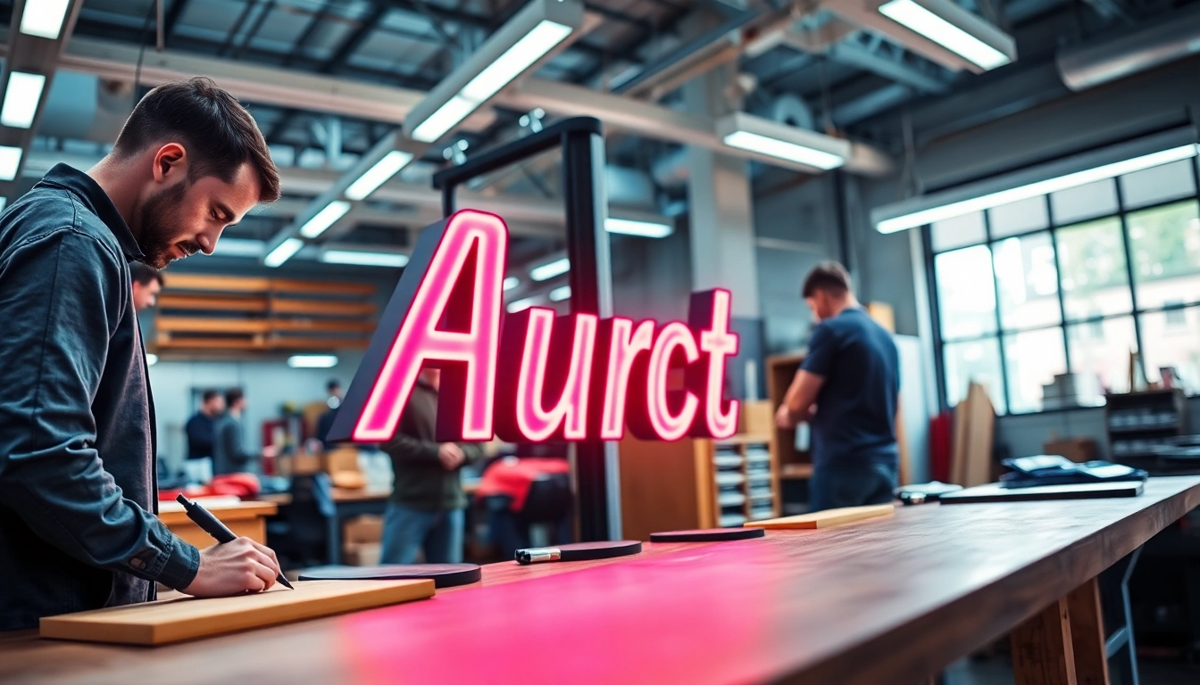 Crafting a custom sign by an edmonton sign company in a vibrant urban workshop setting.