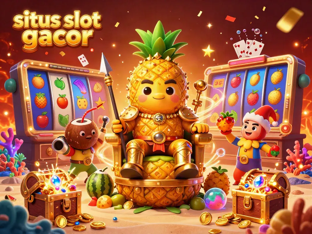 Situs slot gacor showcases a vibrant 3D casino scene with a golden pineapple king and festive gambling elements.