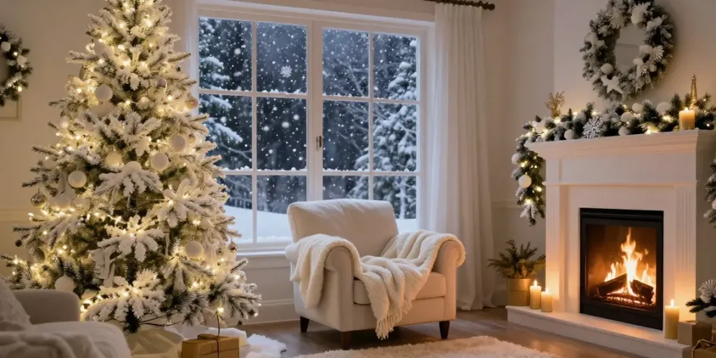 Beautifully decorated white Christmas tree in a cozy winter living room
