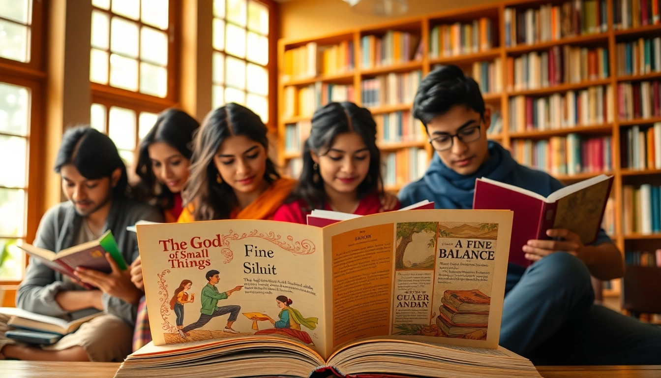 Readers enjoying popular indian fiction novels in a cozy library setting.