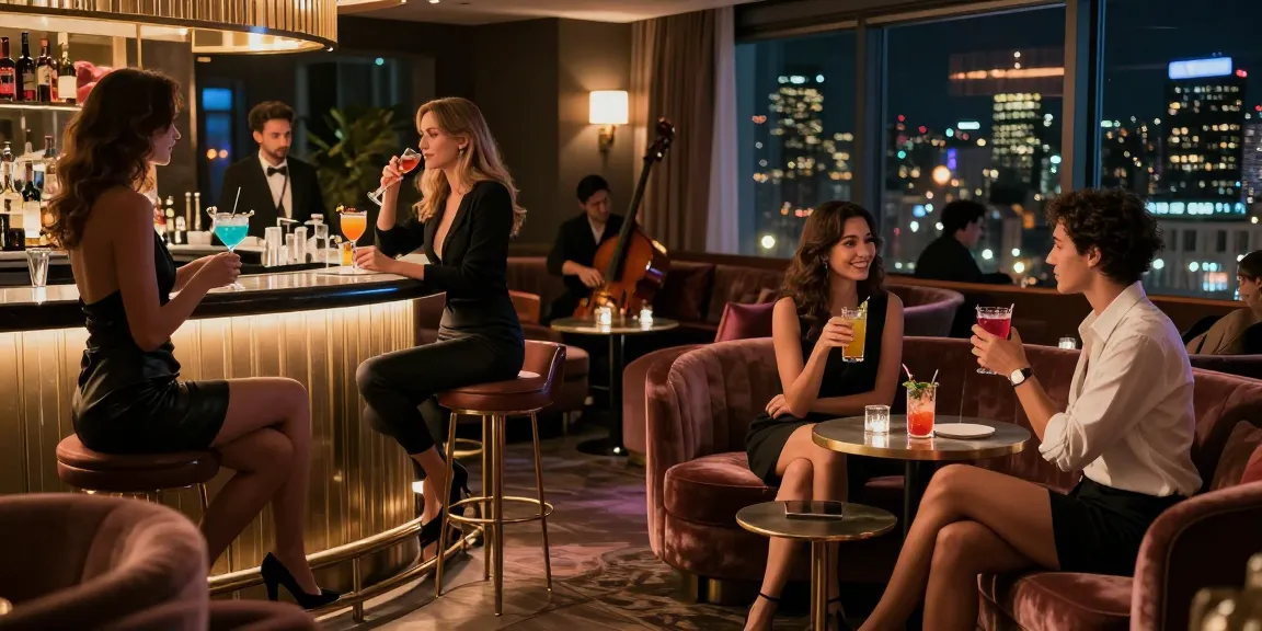 Cityescorthub vibrant lounge scene showcasing elegant escorts interacting with guests in a stylish bar setting.
