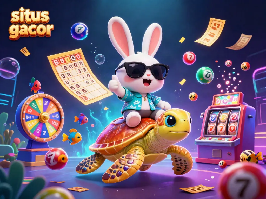 Engage in thrilling fun at situs slot gacor with a cheerful rabbit and golden turtle amidst vibrant casino elements.