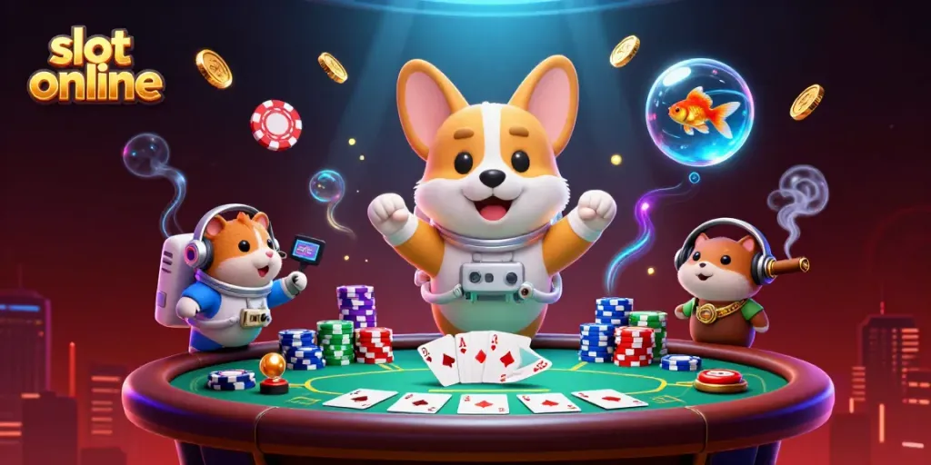 Win big with slot online gaming in a vibrant, animated casino scene featuring a corgi and friends.