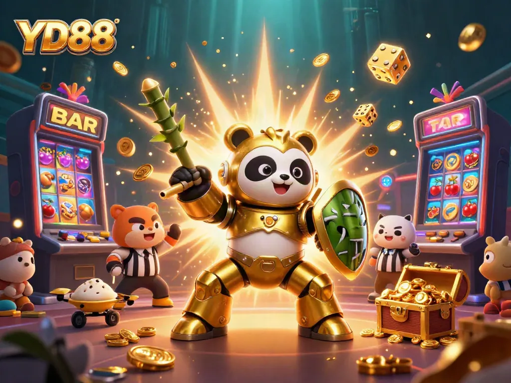 Watch the mech-suit golden panda pilot the bamboo-styled fighting robot in YD88's vibrant casino arena.
