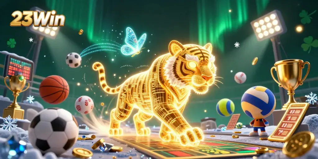 Discover exhilarating gaming with the 23Win casino featuring neon tigers and sports elements.