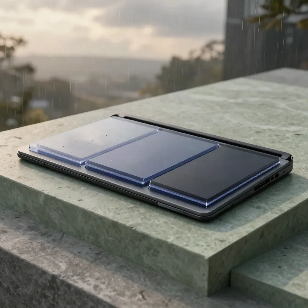 Graphite demo builder slab with translucent UI panes on rain-wet stone at dawn.
