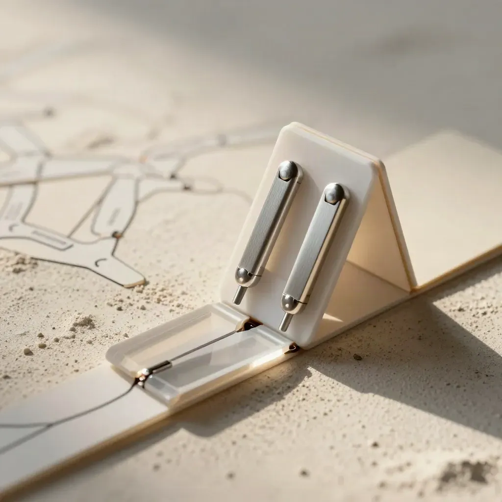 Macro of a frosted walkthrough-builder module with folding route segments on pale plaster.