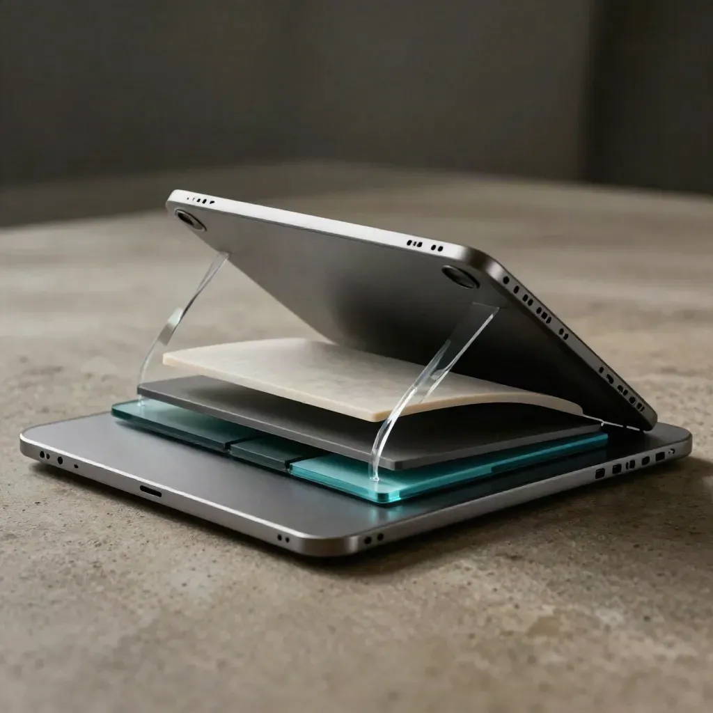 Drama-lit software demo stack on concrete with tablet, form module, and tour tiles
