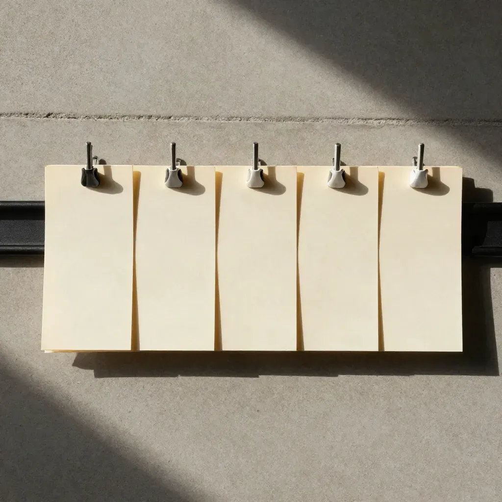 Overhead flatlay of pale sales script cards, a black rail, and two white markers on concrete.