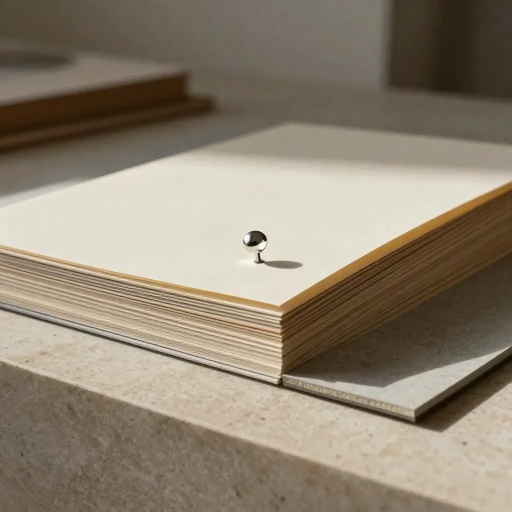 Layered proof-page kit on limestone with a polished pin and soft studio light