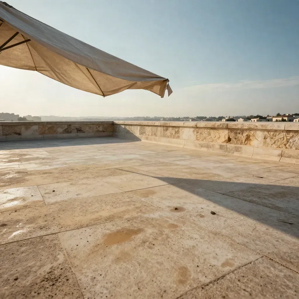 Sunlit sandstone rooftop terrace with linen awning and calm copy space