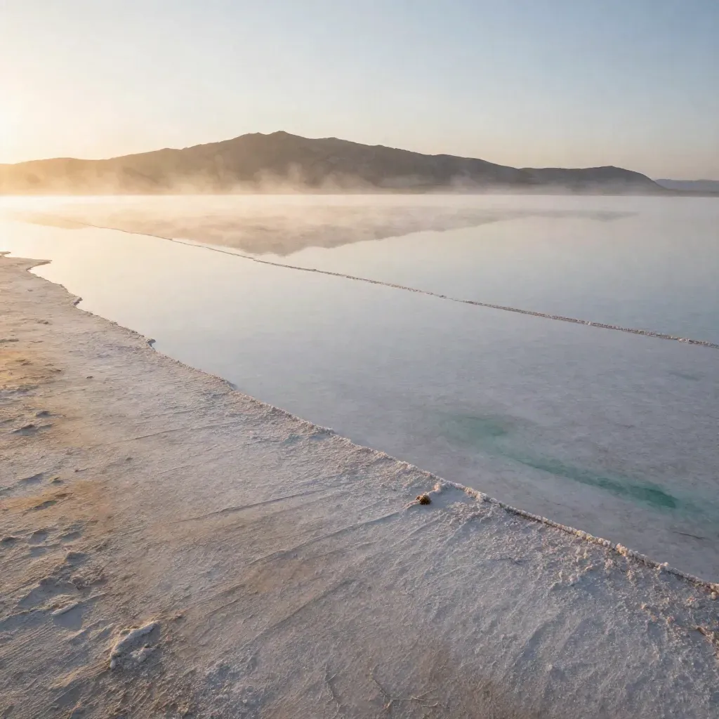 Misty salt flat at sunrise with a distant ridge and calm reflective sheen
