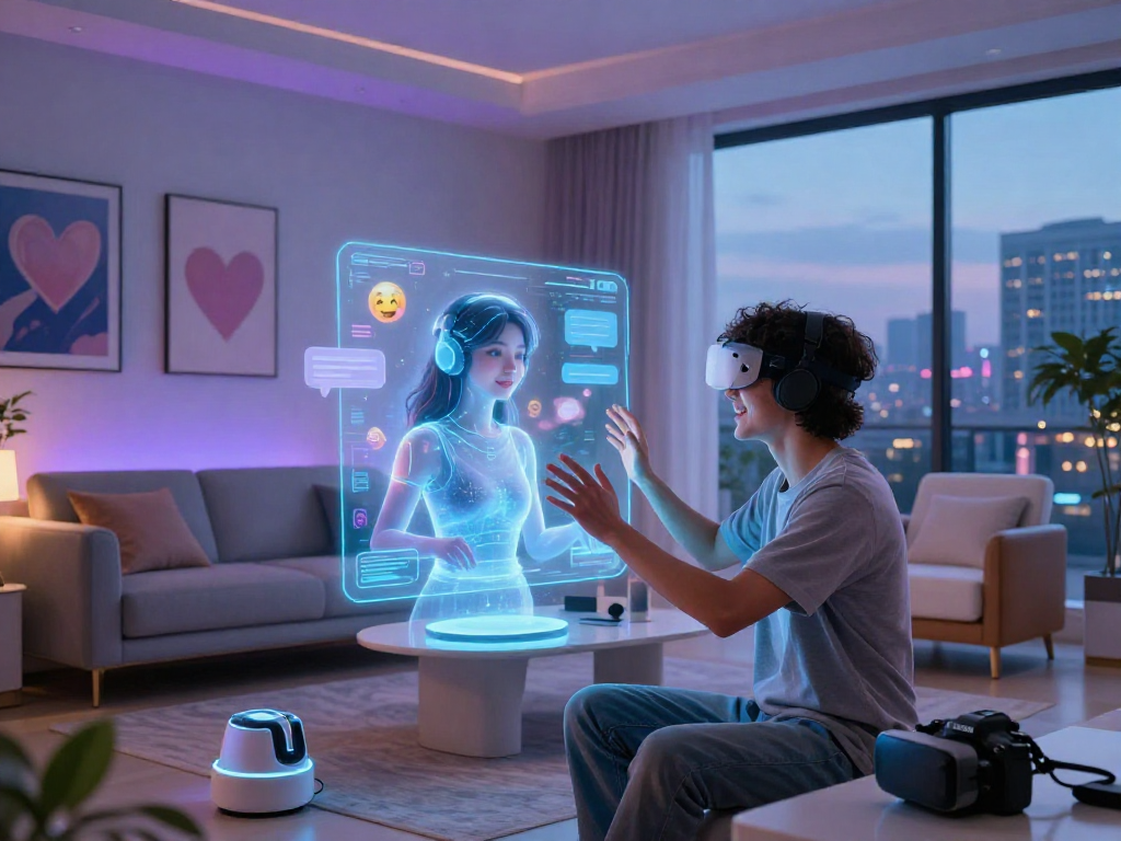 AI girlfriend hologram interacting in a cozy futuristic living room