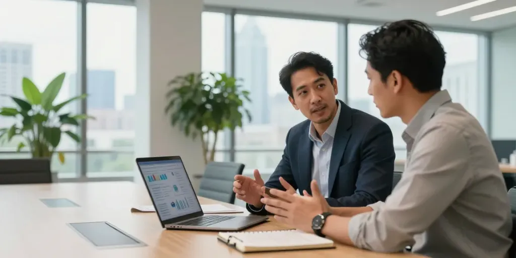 Michael Rustom Toronto consulting in a modern office with analytics display