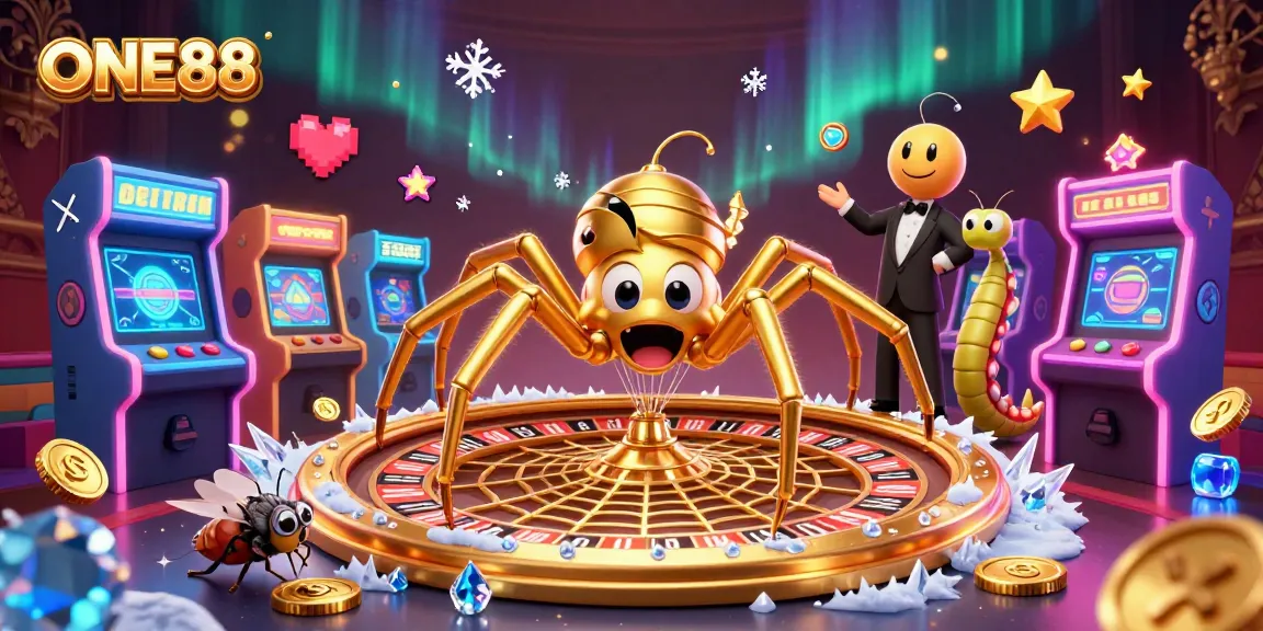 Bet on the ONE88 roulette wheel spun by a golden spider in a vibrant 3D casino scene.
