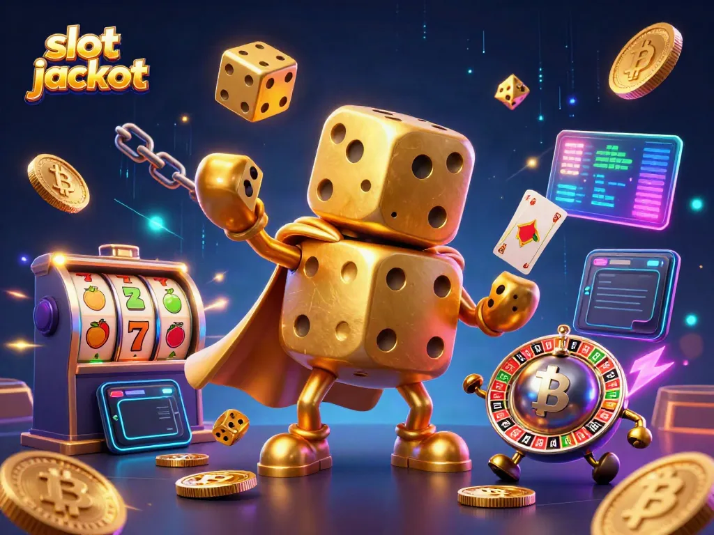 Mainkan slot jackpot dengan karakter dadu emas dan simbol keberuntungan yang menonjol.