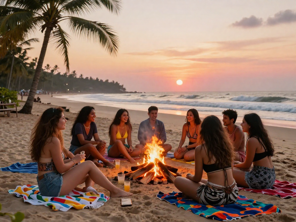 Goa escorts enjoying a sunset beach bonfire, creating vibrant connections.