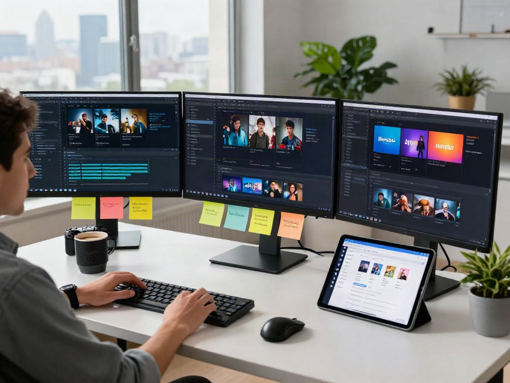 Software engineer coding the Moviebox apk in a modern workspace full of tech elements.