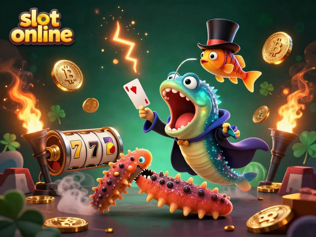 Engage in slot online fun with animated characters featuring a bioluminescent eel and anglerfish in a lively, casino-themed scene.