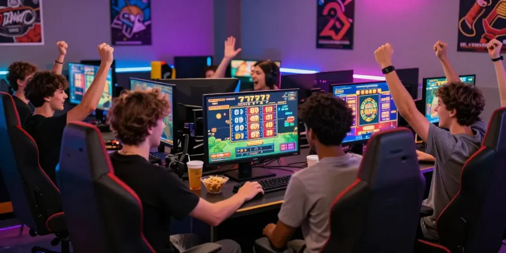 Pengalaman bermain slot777 online dengan teman-teman di ruang permainan yang cerah.
