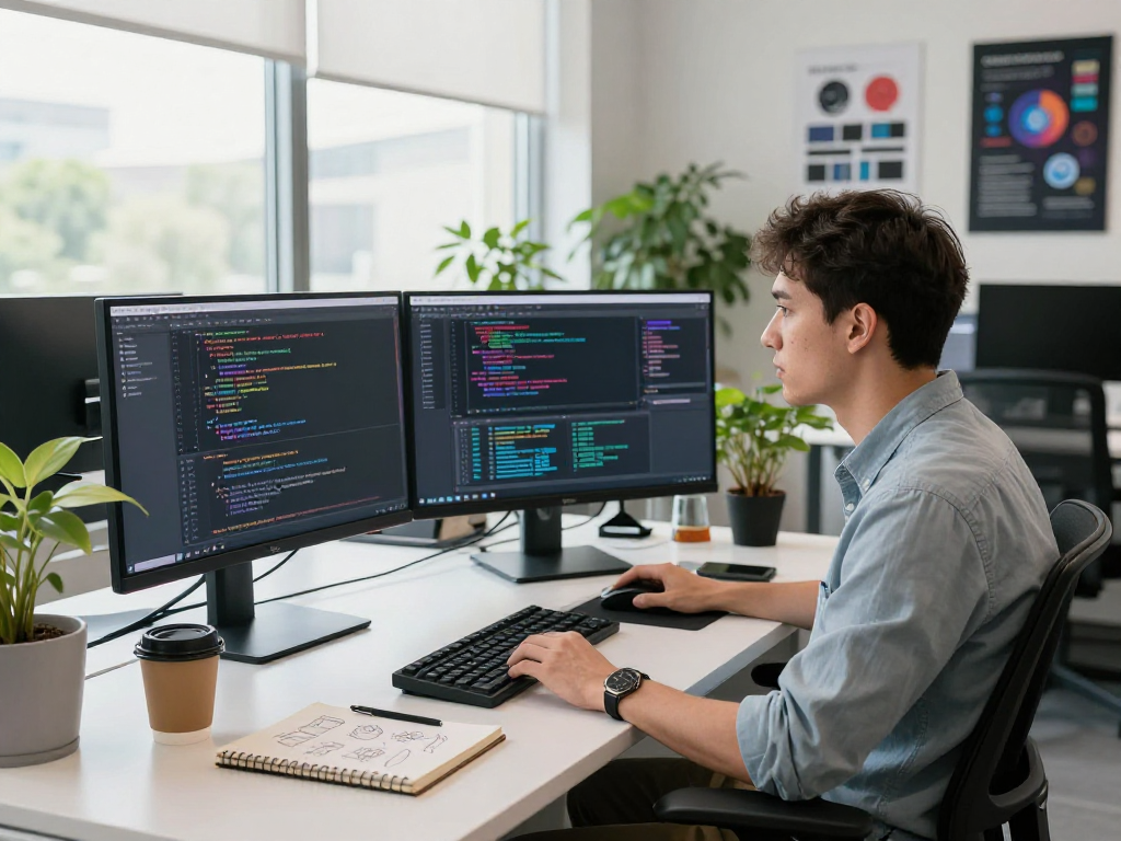 Developer di delapantoto bekerja di ruang kantor modern dengan laptop dan monitor menampilkan kode.