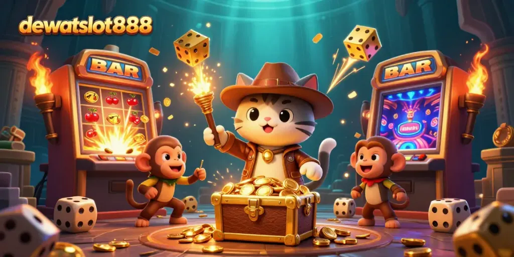 Dewataslot888, jelajahi dunia kasino dengan kucing arkeolog dan teman monyet di antara berbagai simbol keberuntungan dan jackpot.