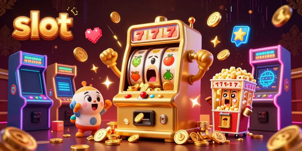 Mesin slot emas kartun mengeluarkan koin sambil merayakan jackpot dengan mesin slot kecil lainnya dan mesin popcorn.