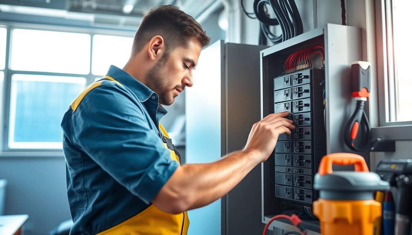 Electrician conducting electrical maintenance edmonton with tools in a professional office setting.