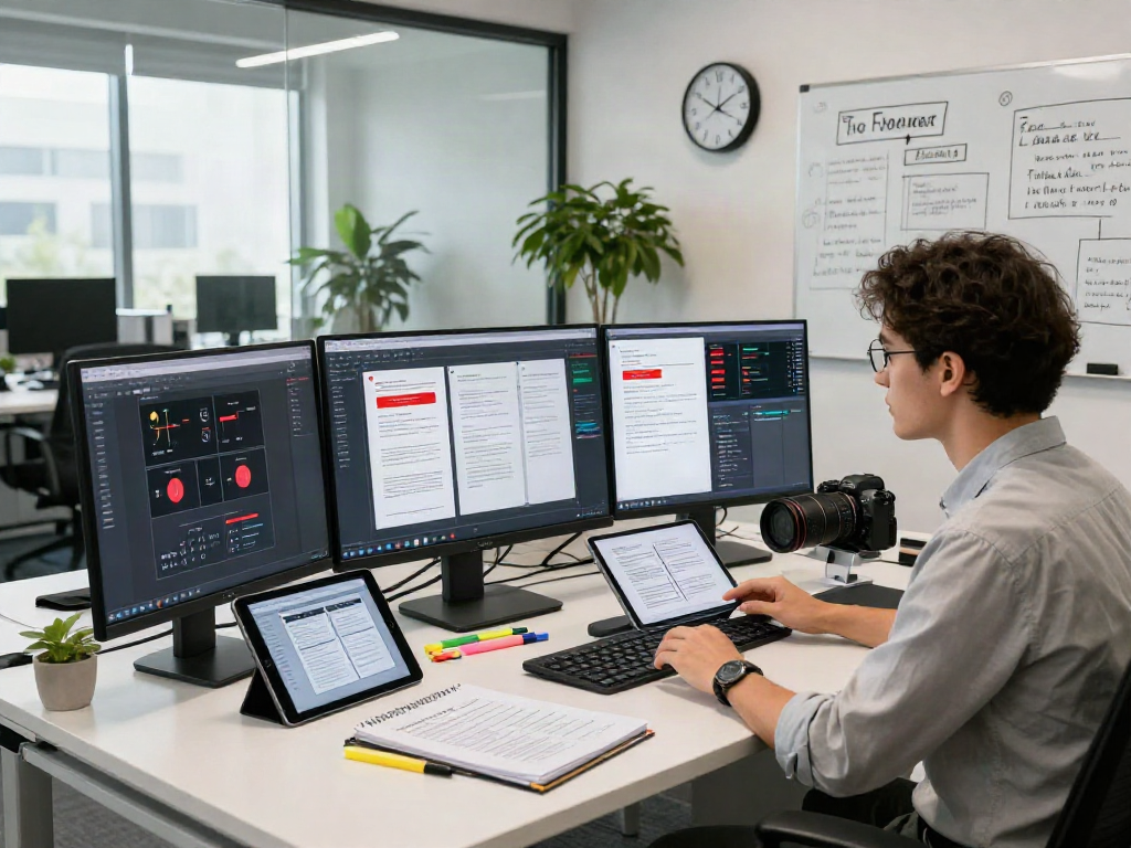 Data analyst using document fraud detection software in an innovative workspace.