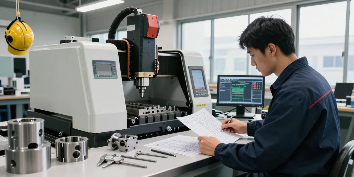 CNC machining parts being finely crafted by a technician in a modern workshop setting.
