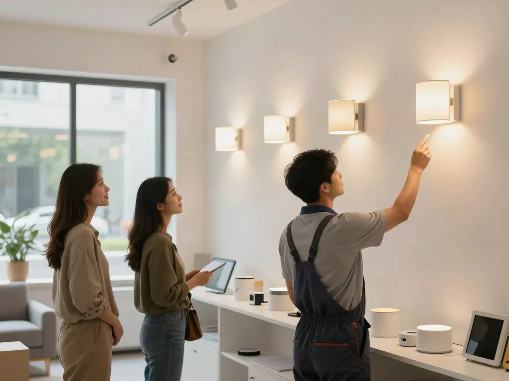 Aplice LED moderne expuse într-un showroom iluminat, local și de încredere.