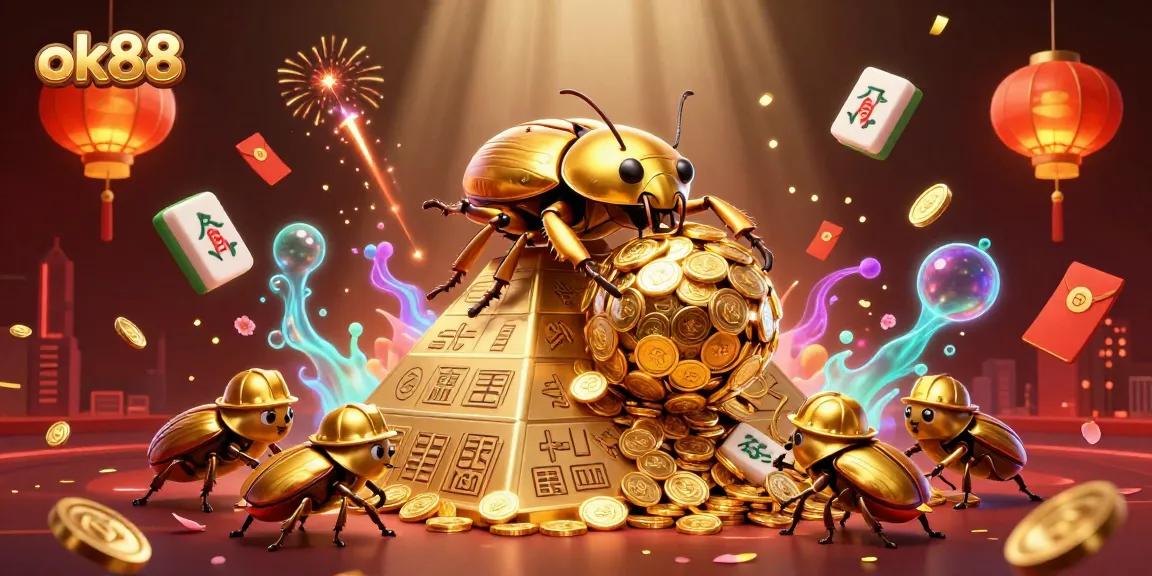 Experience luck with ok88 at a vibrant cartoon casino scene featuring golden beetles and casino elements.