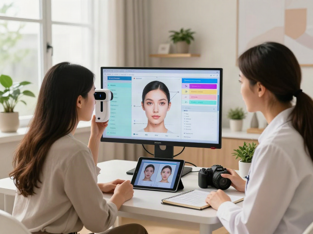 ClinicEvo cheaper than QOVES - Aesthetic consultation scene showing analysis tool results.