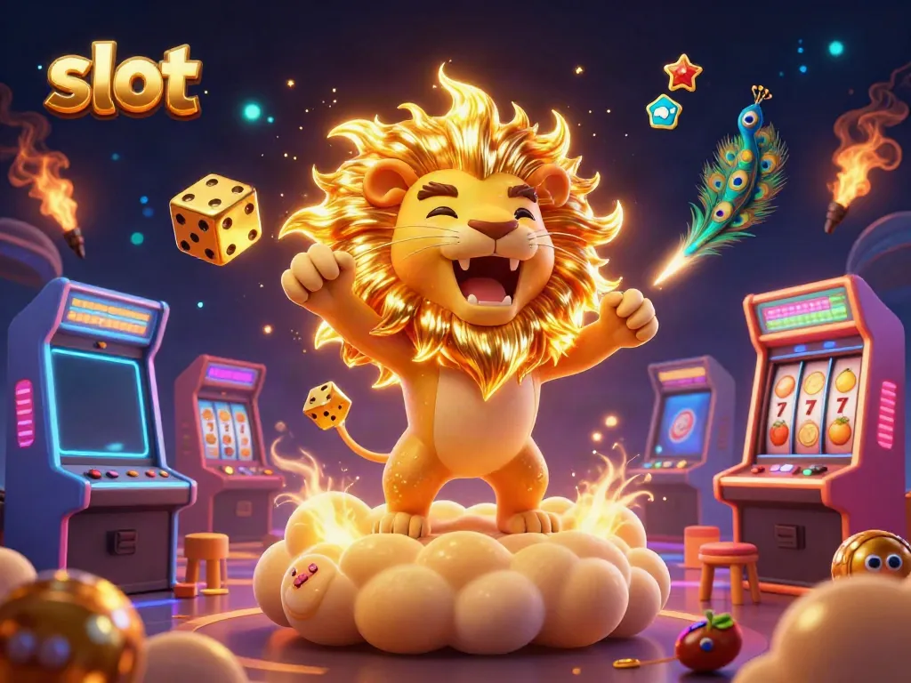 Engage with thrilling slot gaming adventures featuring vivid 3D illustrations of golden dice and arcade machines.