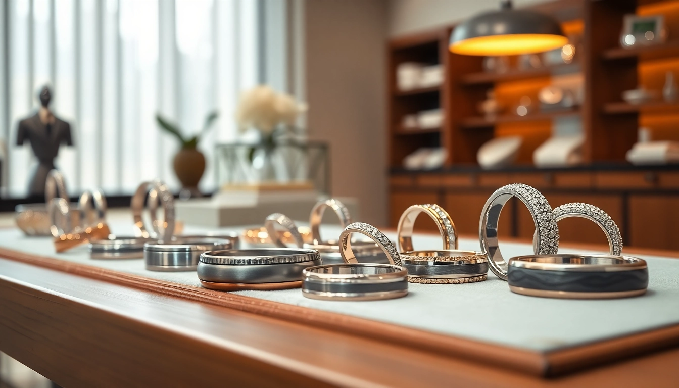 Showcase of unique wedding bands from Gaboni Jewelers in a modern boutique setting.