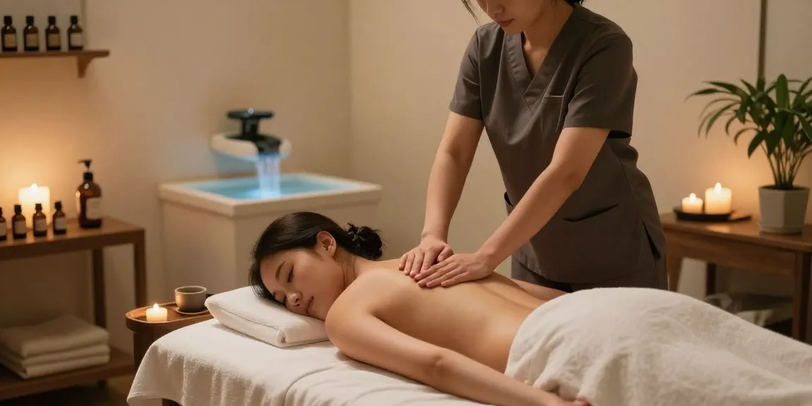마사지 치료 중인 고객과 편안한 마사지실의 모습