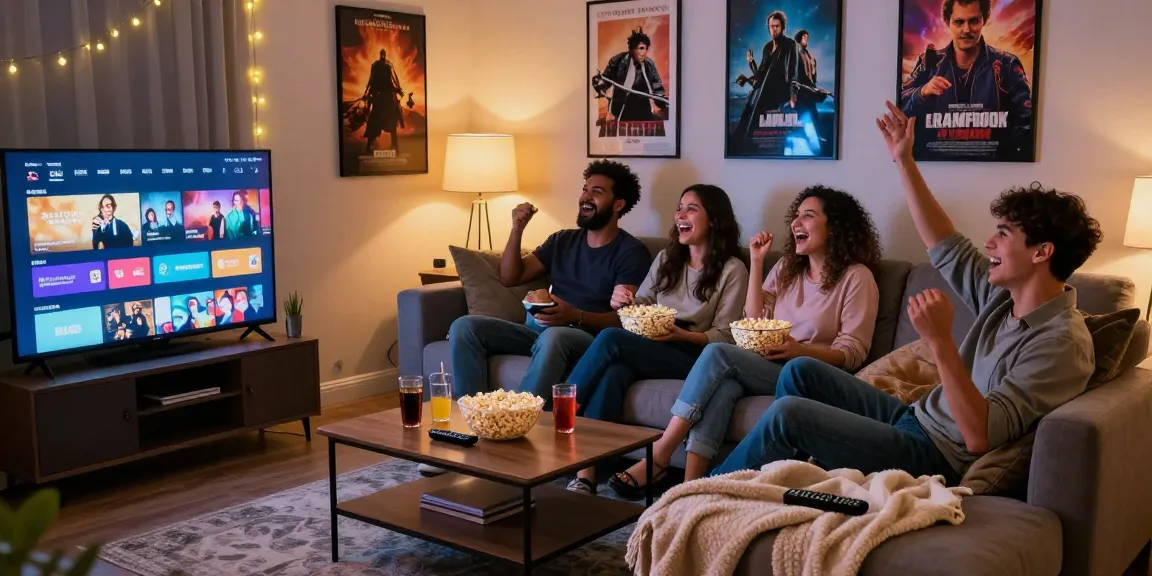 Friends enjoying a movie night with dez pila streaming content on TV.