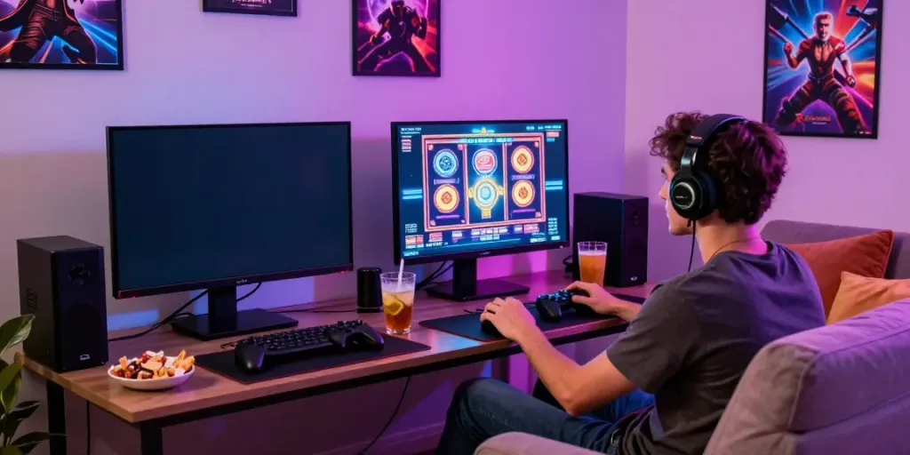 Engaged gamer enjoying situs slot gacor on large screen with snacks and ambiance.