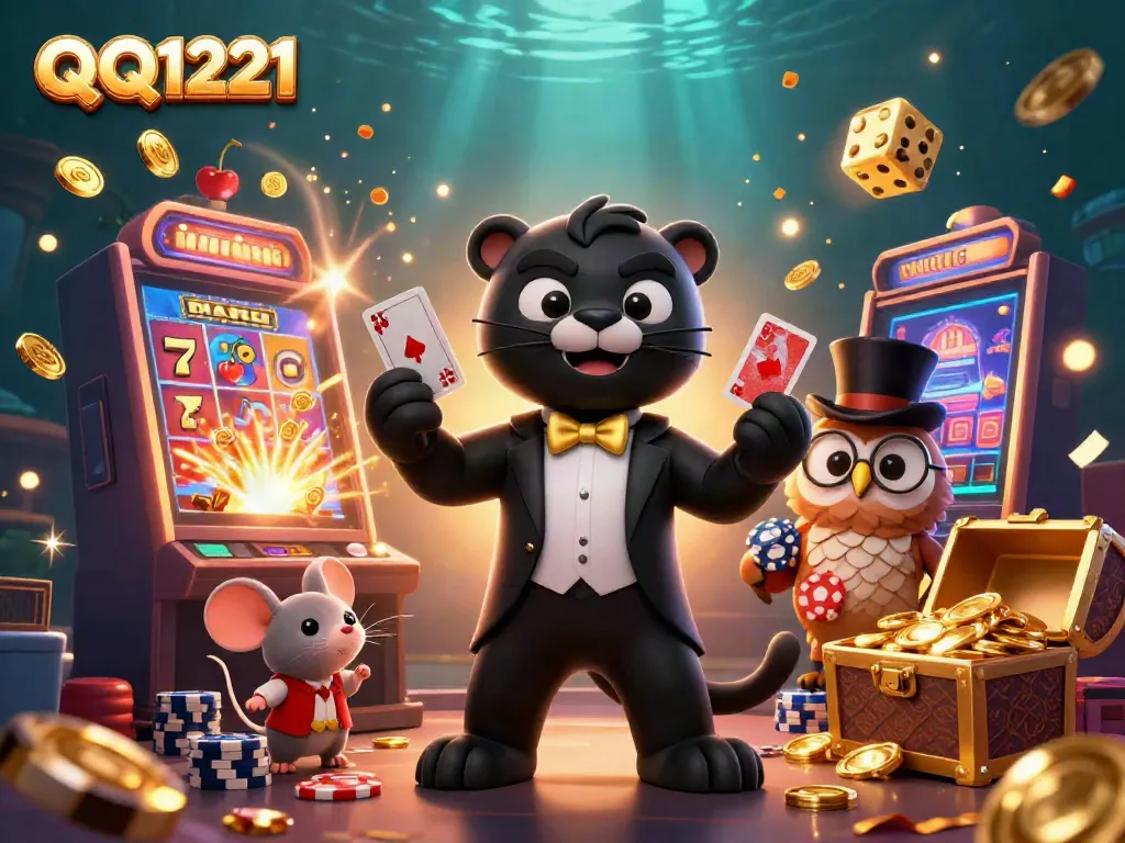 Engaging scene of QQ1221 characters dealing cards, surrounded by vibrant casino elements