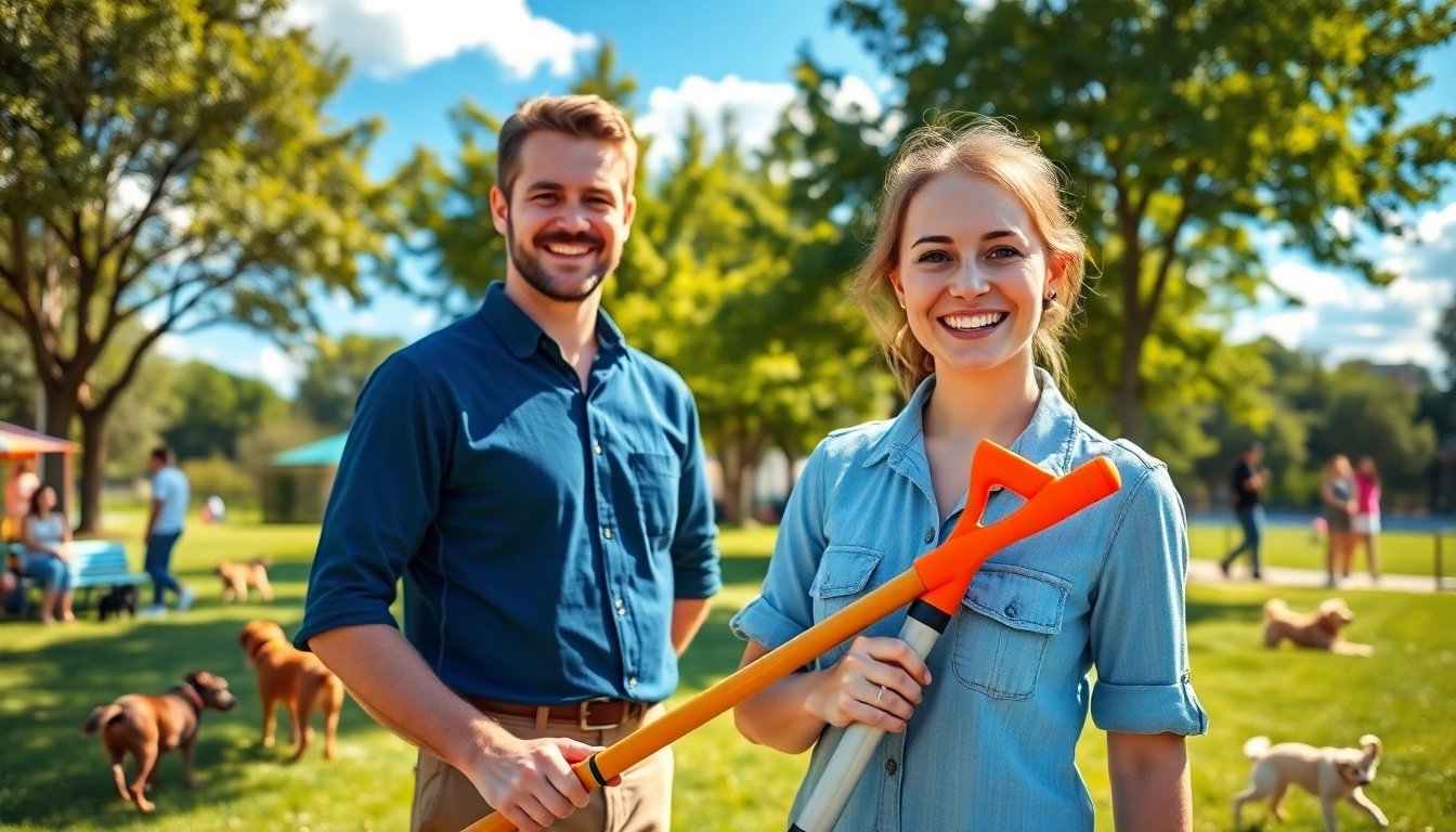 Dog owner using a pooper scooper company tool in a sunny park full of playful dogs.