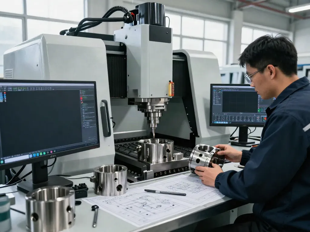 CNC machined stainless steel parts being manufactured in an advanced workshop with skilled technician operating machinery.
