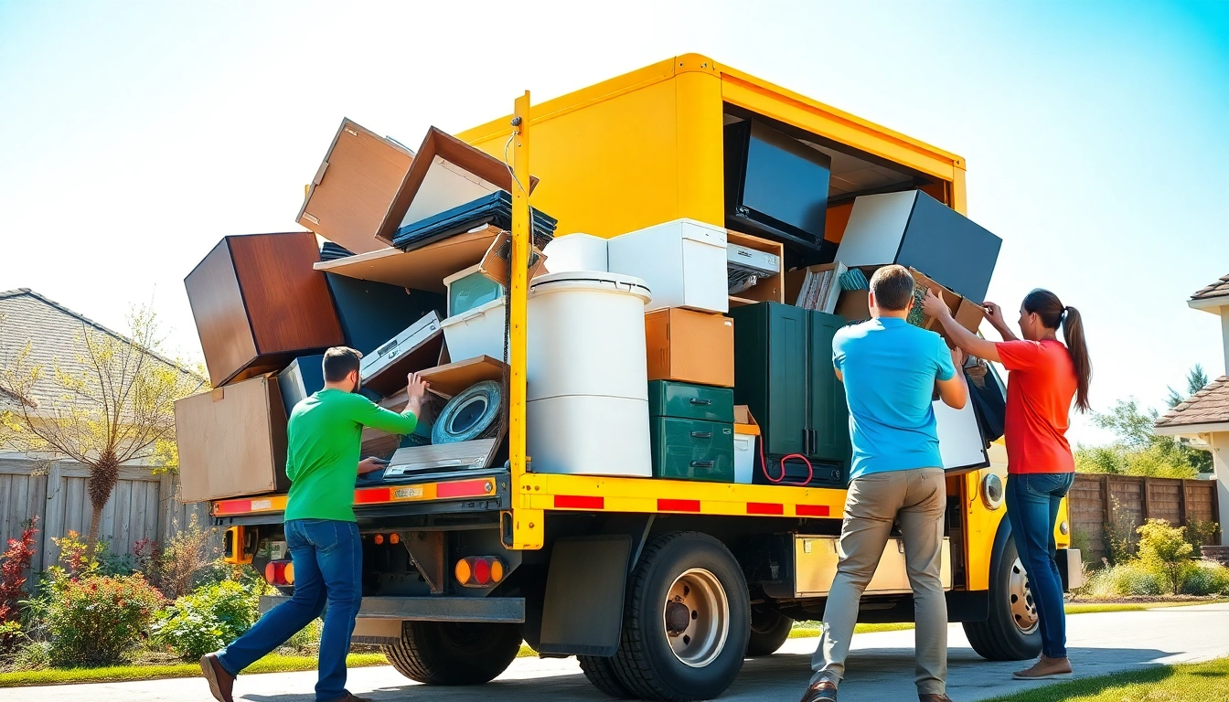Efficient junk removal team loading a truck with various items in a sunny neighborhood.