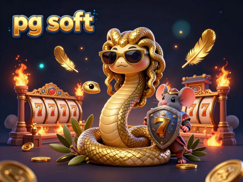 Permainan slot pg soft dengan Medusa bersahabat dan mouse pejuang dalam arena permainan.