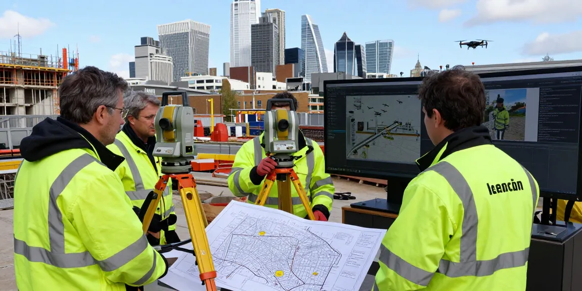 Measured Building Surveys london & Surrey & Sussex team using advanced surveying tools and drones in a London construction site.