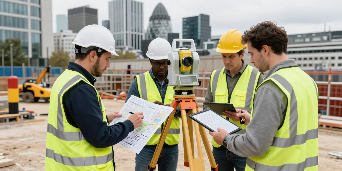 Expert land surveyors conducting Measured Building Surveys london & Surrey & Sussex at urban construction site with modern tools.