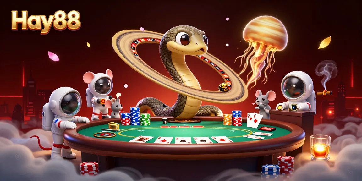 Bet big with Hay88's vibrant cosmic casino scene featuring a snake-ringed roulette wheel and betting mice.