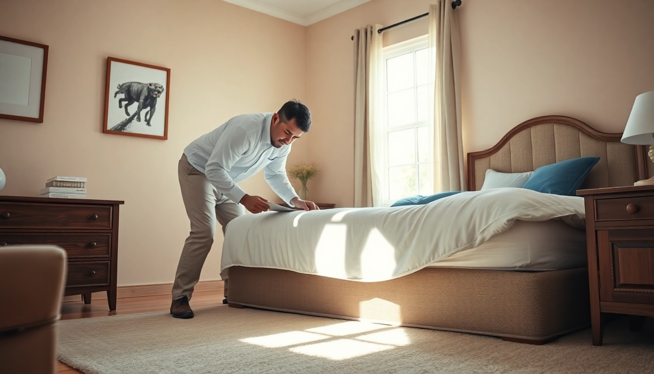 Bed bug exterminator analyzing a bedroom for infestations, ensuring comfort and cleanliness.